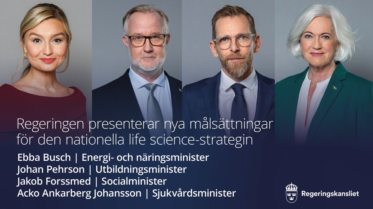 KlimatNaringdep's tweet photo. Imorgon klockan 15.30 presenterar regeringen nya målsättningar för den nationella life science-strategin. 

@BuschEbba, @JohanPehrson, @jakobforssmed och @AckoAnkarberg medverkar vid lanseringen. 

https://t.co/ZSjbY1oTlg https://t.co/C25wajft4x