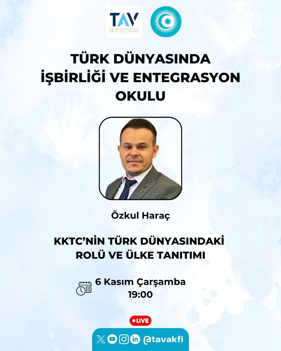 Türk Dünyasında İşbirliği ve Entegrasyon Okulu

Ders 11 I KKTC’nin Türk Dünyasındaki Rolü ve Ülke Tanıtımı

🗓️🕖 6 Kasım Çarşamba I 19:00

🔗 youtube.com/watch?v=1N_0B-…

🎙️ Özkul Haraç I <a href="/ozkulharac/">Özkul Haraç</a>