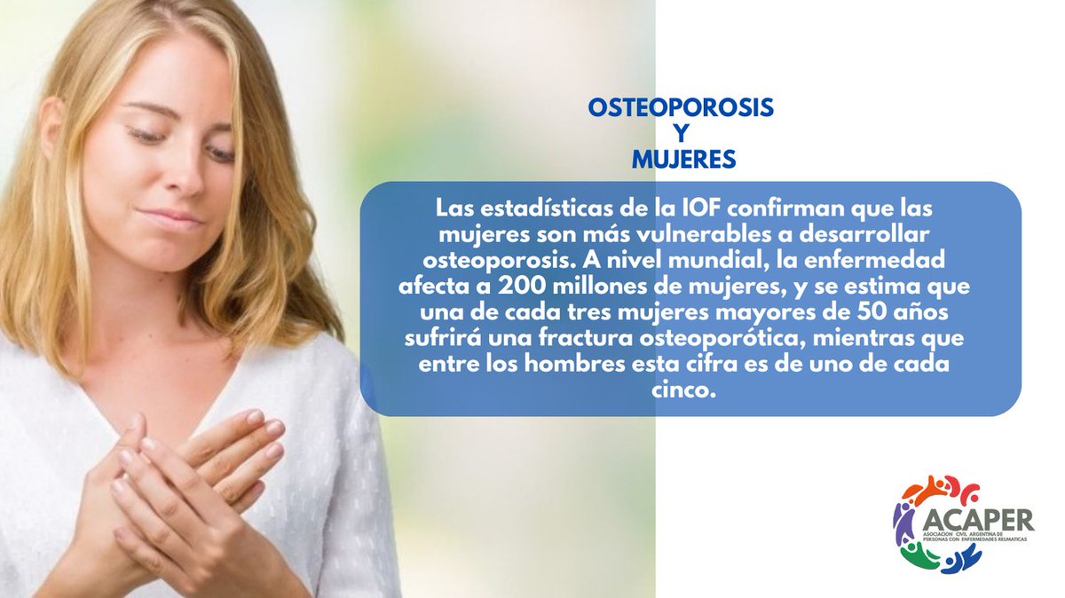 Las estadísticas de la IOF confirman que las mujeres son más vulnerables a desarrollar osteoporosis. A nivel mundial, la enfermedad afecta a 200 millones de mujeres.

#osteoporosis #somosacaper