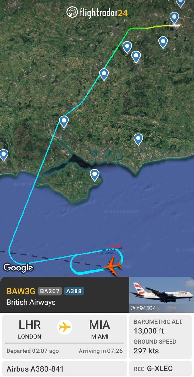 Turbinetraveler's tweet photo. #BA207 is still holding at 13000ft over English Channel indicating the #A380 is burning fuel before a possible diversion to origin Airport @HeathrowAirport 
General emergency code 7700 hasn't been squawked onboard. https://t.co/5xWKhDmtXL