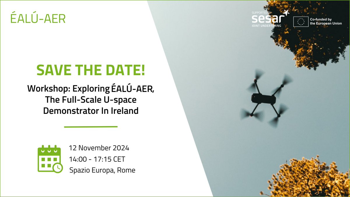 📢 The ÉALÚ-AER Consortium is pleased to announce the Workshop "Exploring ÉALÚ-AER, The Full-Scale U-space Demonstrator In Ireland", taking place on 12 November in Rome.

Read the news to discover more and download the #agenda 🔗 research.dblue.it/ealu-aer/2024/…

#SESAR3JU #CINEA