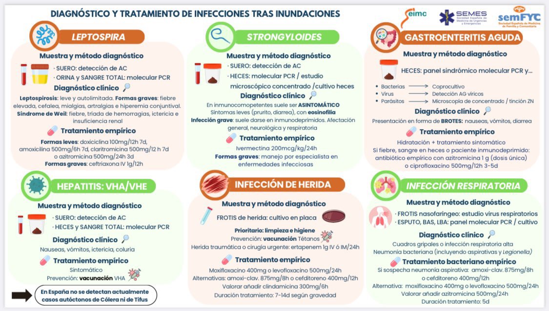 infeccHRUmalaga's tweet photo. Diagnóstico y tratamiento de infecciones tras #INUNDACIONES de @SEIMC_  @semfyc y @SEMES_  q puede ser útil a causa de la #DANA
- Leptospira
- VHA y E 
- Strongyloides
- Infección herida (ojo al #tétanos)
- Infección respiratoria (#legionella y aspiración) https://t.co/h9iCRJDuDL