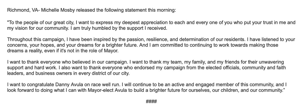 gmoomaw's tweet photo. Michelle Mosby concedes Richmond mayoral race to Dr. Danny Avula.

"I want to congratulate Danny Avula on a race well run." https://t.co/6WlLsYHILI