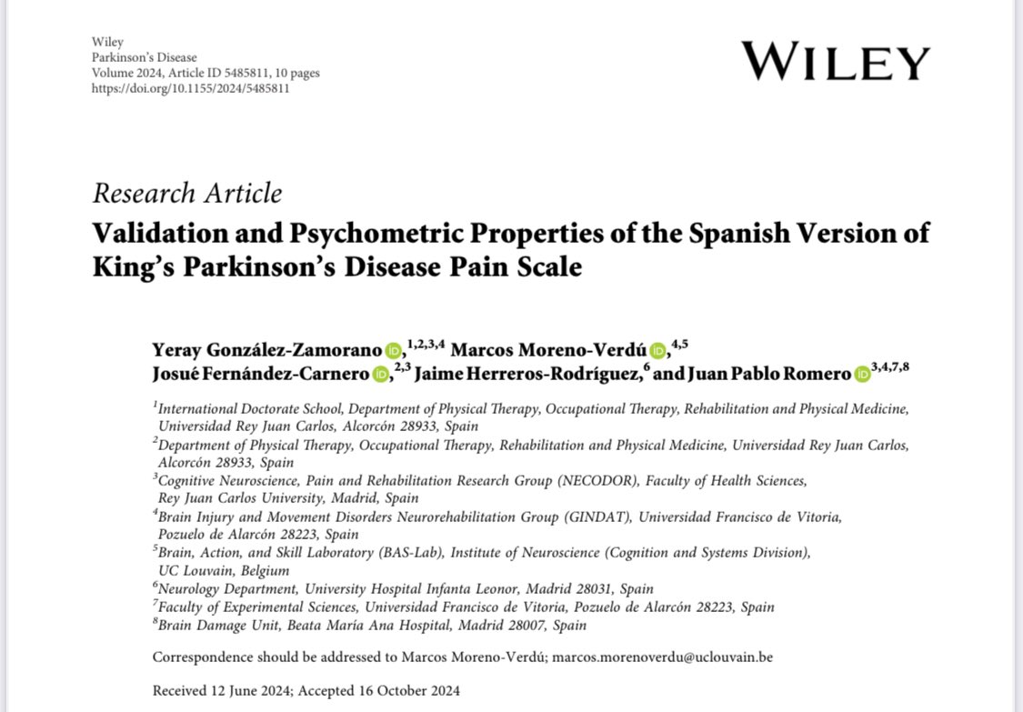 Nueva publicación de <a href="/Neurorehabufv/">GINDAT - grupo de investigación</a>   Una interesante contribución de la tesis de Yeray González para validar la escala Kings en población de habla hispana. La única que valora específicamente el dolor en la enfermedad de #Parkinson <a href="/UFVinvestiga/">Investigación UFV</a> <a href="/CCexperimentUFV/">CCexperimentales UFV</a>
