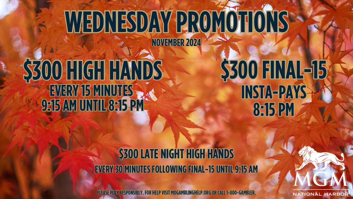 MGMNH_Poker's tweet image. Wednesday, November 6
@MGMNH_Poker
@moneymetalcakes 
🍁🍁🍁🍁
#MonumentalFall 
#CakesClassic 
♠️❤️♣️♦️
