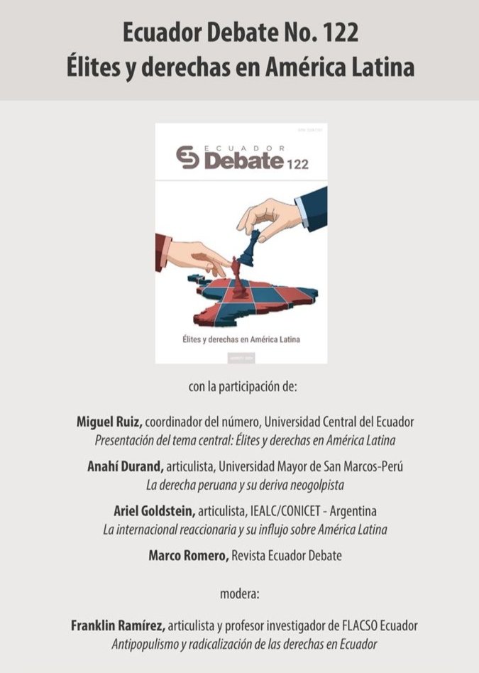Presentamos la revista Ecuador Debate N° 122:  "Élites y derechas en América Latina" con un análisis sobre el rol de las élites y el avance de la derecha en la región. Un tema crucial mas aun con la victoria de #Trump2024 en USA
HOY 6.00pm en <a href="/FLACSOec/">FLACSO Ecuador</a> 
Habrá transmisión virtual