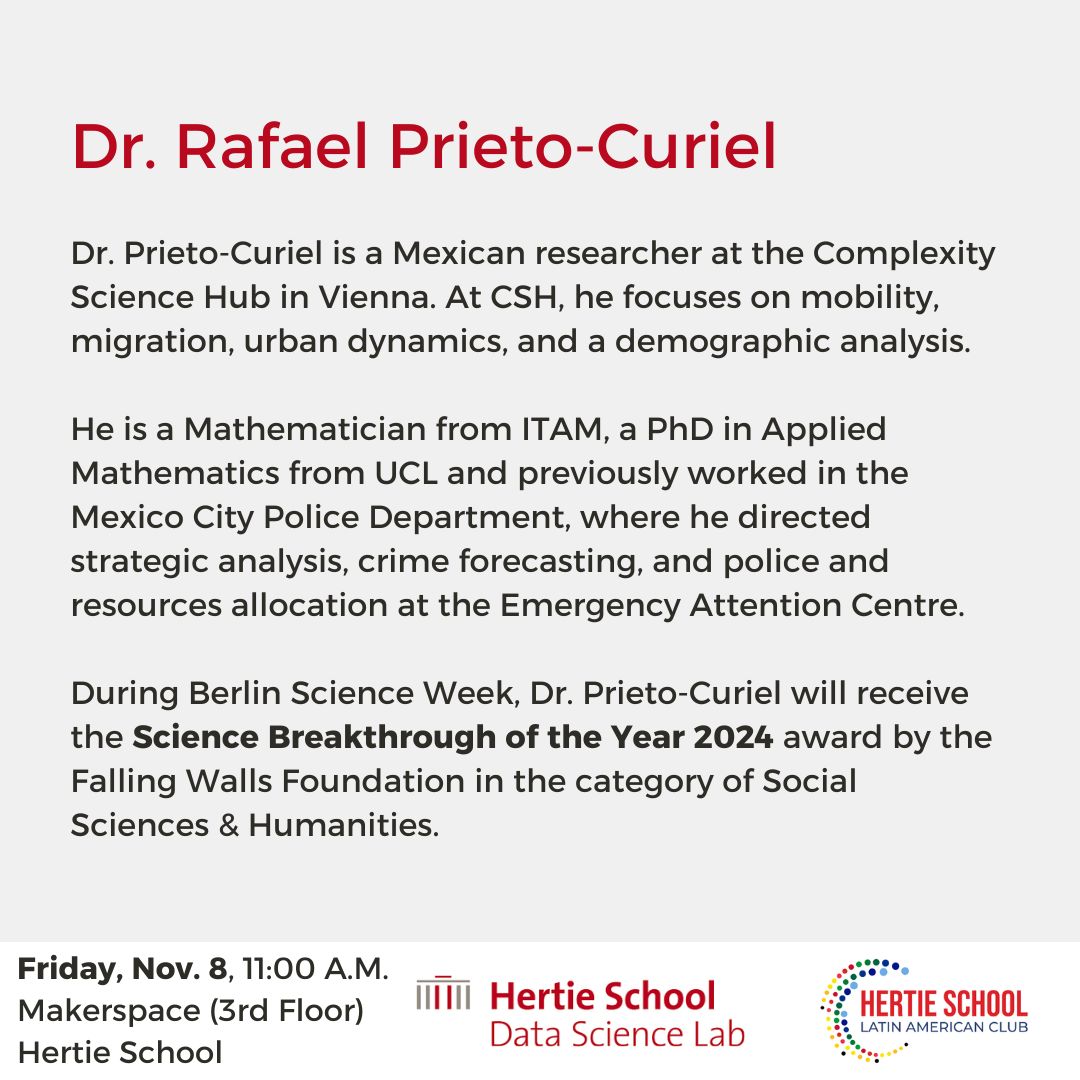 Join us for a talk from Dr. Rafael Prieto-Curiel from the Complexity Science Hub (Vienna) on how science can help us to understand and shape policy.

Time: 11.00pm CET, 08.11.24
Location: Hertie School Makerspace

Register here: hertie-school.org/en/datascience…