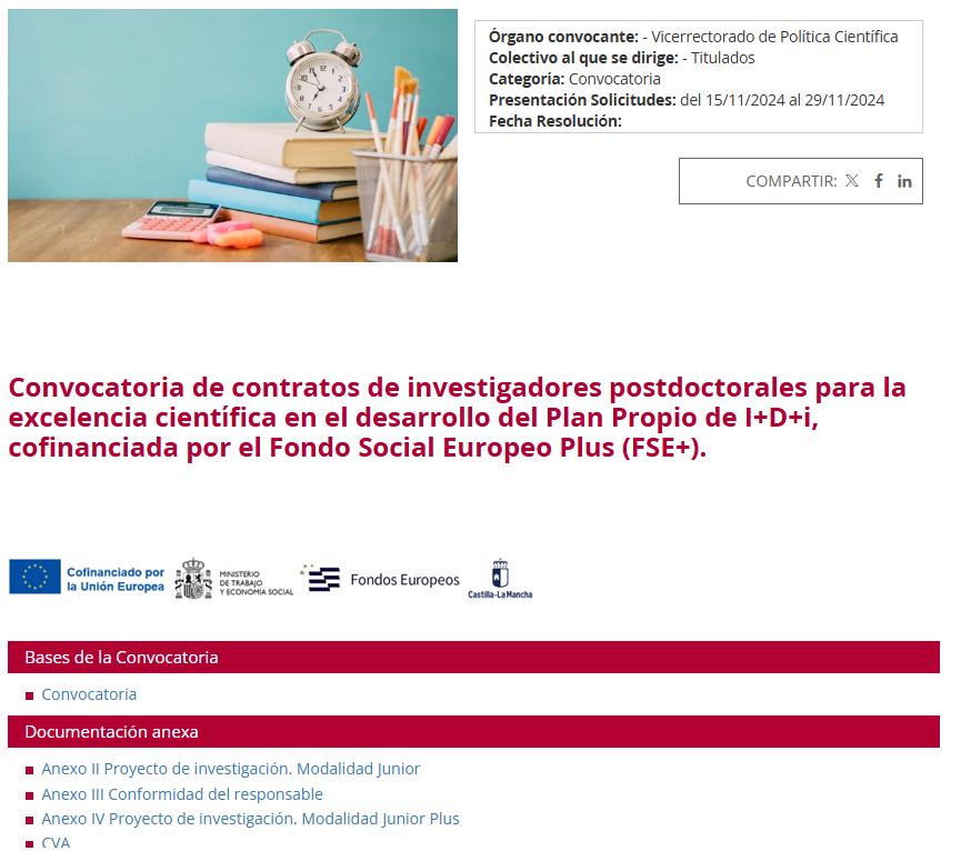 📝Convocatoria 2024 de contratos de investigadores postdoctorales para la excelencia científica en el desarrollo del Plan Propio de la <a href="/uclm_es/">Universidad de Castilla-La Mancha</a> de I+D+i 🔬

📊Cofinanciadas por el Fondo Social Europeo Plus (FSE+)🇪🇺

🔗Más información y bases: uclm.es/es/global/prom…