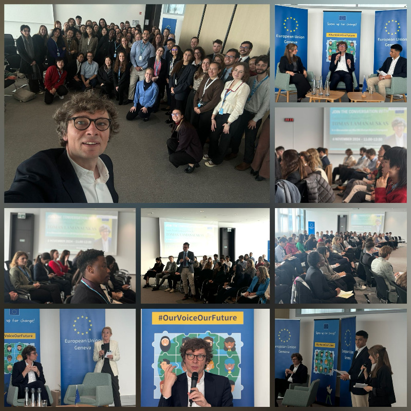EU_UNGeneva's tweet photo. ✨ Wonderful to see our Delegation full of trainees of International Geneva! They discussed w/ @tlamanauskas of @ITU the #GlobalDigitalCompact & how young people can shape a digital future. He also shared career advise & insights into behind-the-scenes diplomacy. #InterNconnected https://t.co/C9P6jx638E