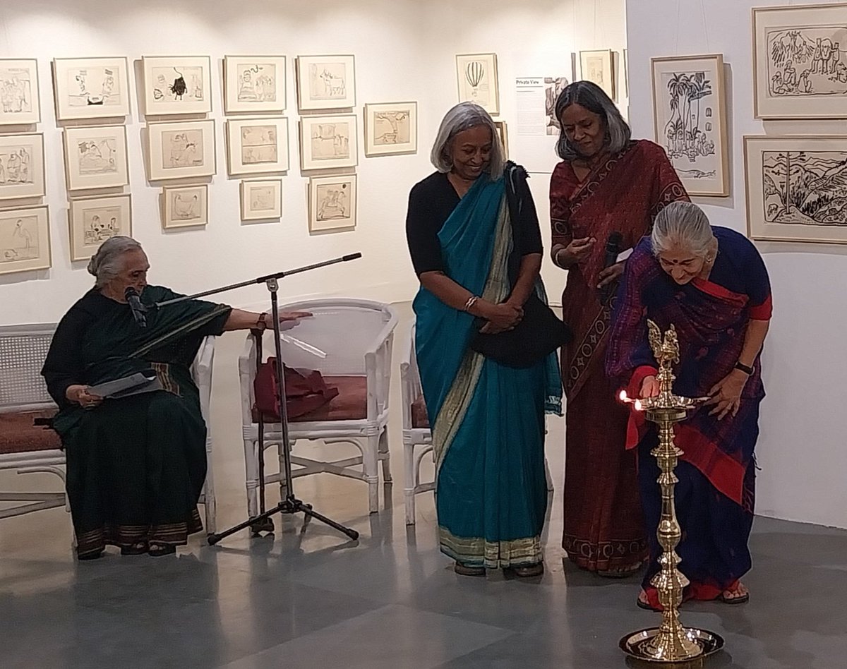 unnycartoonist's tweet photo. Prof Romila Thapar opens Abu Abraham Cartoon Show in IIC Delhi. Lighting the lamp is CPM's Subhashini Ali. With her Ayisha Abraham and Janaki Abraham, Abu's daughters who preserved his priceless originals. https://t.co/RH8PsFyZW3