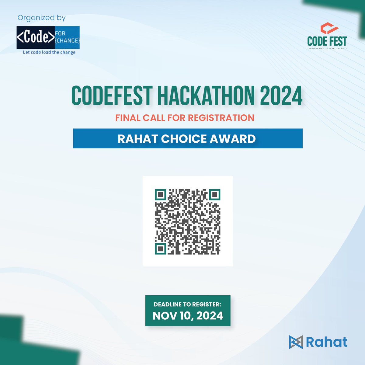 🚨 Last Chance to join CodeFest Hackathon 2024!

We’re introducing the Rahat Choice Award to spotlight solutions in the humanitarian sector. Collaborate with innovators and compete for impact! Register now!

#CodeFest2024 #RahatChoiceAward #InnovateForGood