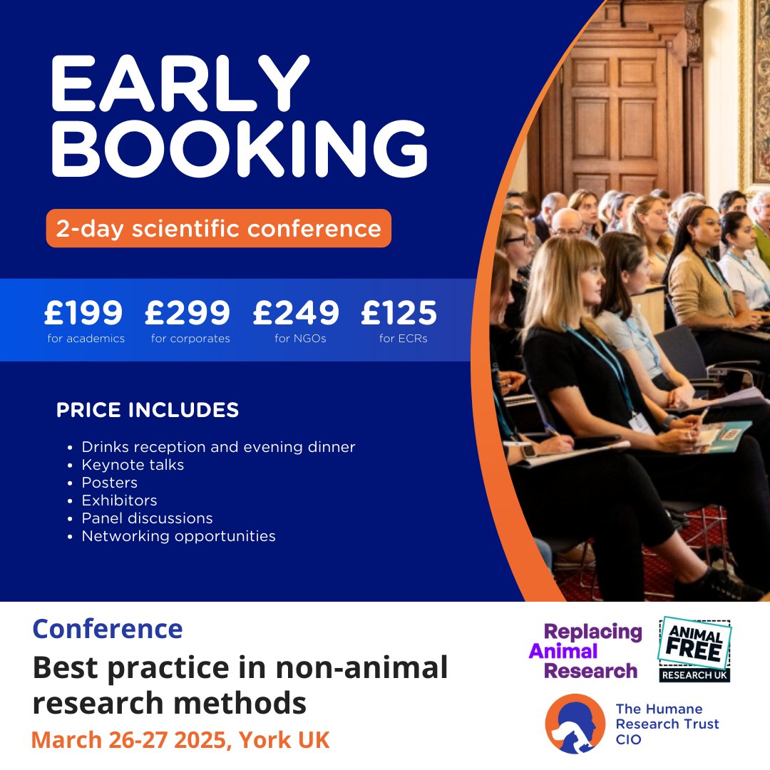 Secure your early bird tickets to 'Best practice in non-animal research methods', a conference co-hosted by ourselves, <a href="/AFR_UK/">AnimalFreeResearchUK</a> and <a href="/ReplAnimalRes/">Replacing Animal Research</a> 🧪

There's only a limited quantity of tickets available at this discounted rate - don't miss out.

Book now: …placinganimalresearch.beaconforms.com/form/65a43db4
