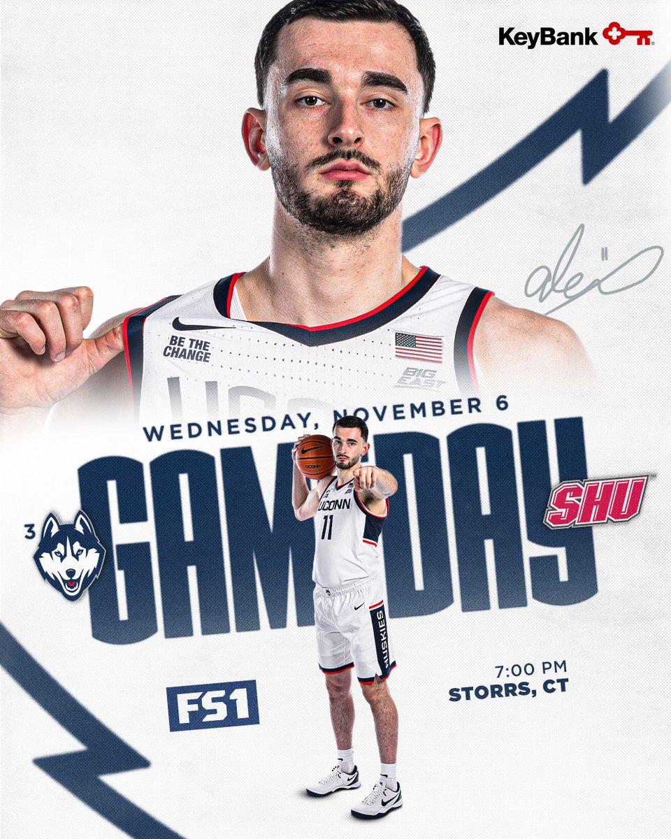 UConnMBB's tweet image. GAMEDAY.  

🕖 7:00 p.m. 
📍 Storrs, CT 
🆚 Sacred Heart
📺 FS1