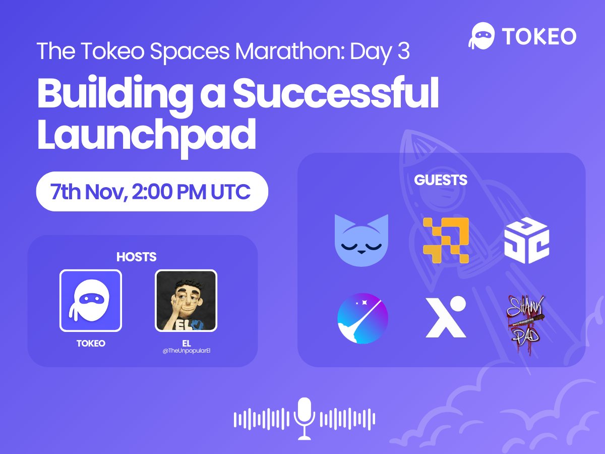 Building a Successful Launchpad Space 🚀 🥷

7th Nov at 2:00 PM UTC

Join us for a discussion with some of the top launchpads as we talk about what makes a successful launchpad:

Minswap, BTC Terminal, Jellypad, T Minus One, Axo, Shank Pad

Co-Host: EL

Hit the reminder 🔽🔔