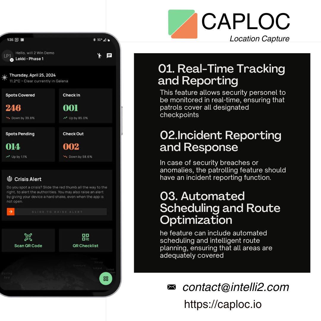 IntellisquareNg's tweet image. Ensure safety and efficiency with Caploc&apos;s Security Patrolling! Real-time tracking, instant incident reporting, and automated route optimization—keeping your property secure has never been easier. 

#CaplocSecurity #SafetyFirst #SmartPatrolling