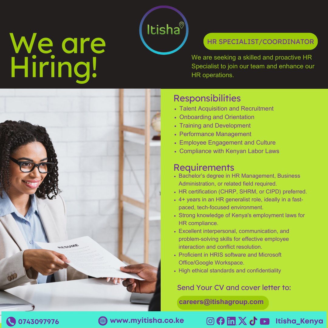 ItishaKenya's tweet photo. 🚀 Join the Itisha Kenya Team! 🚀

We're looking for an experienced HR Specialist to help us shape our workplace culture and elevate our HR operations. If you're passionate about talent acquisition, employee development, and ensuring https://t.co/P9DILVmXB1