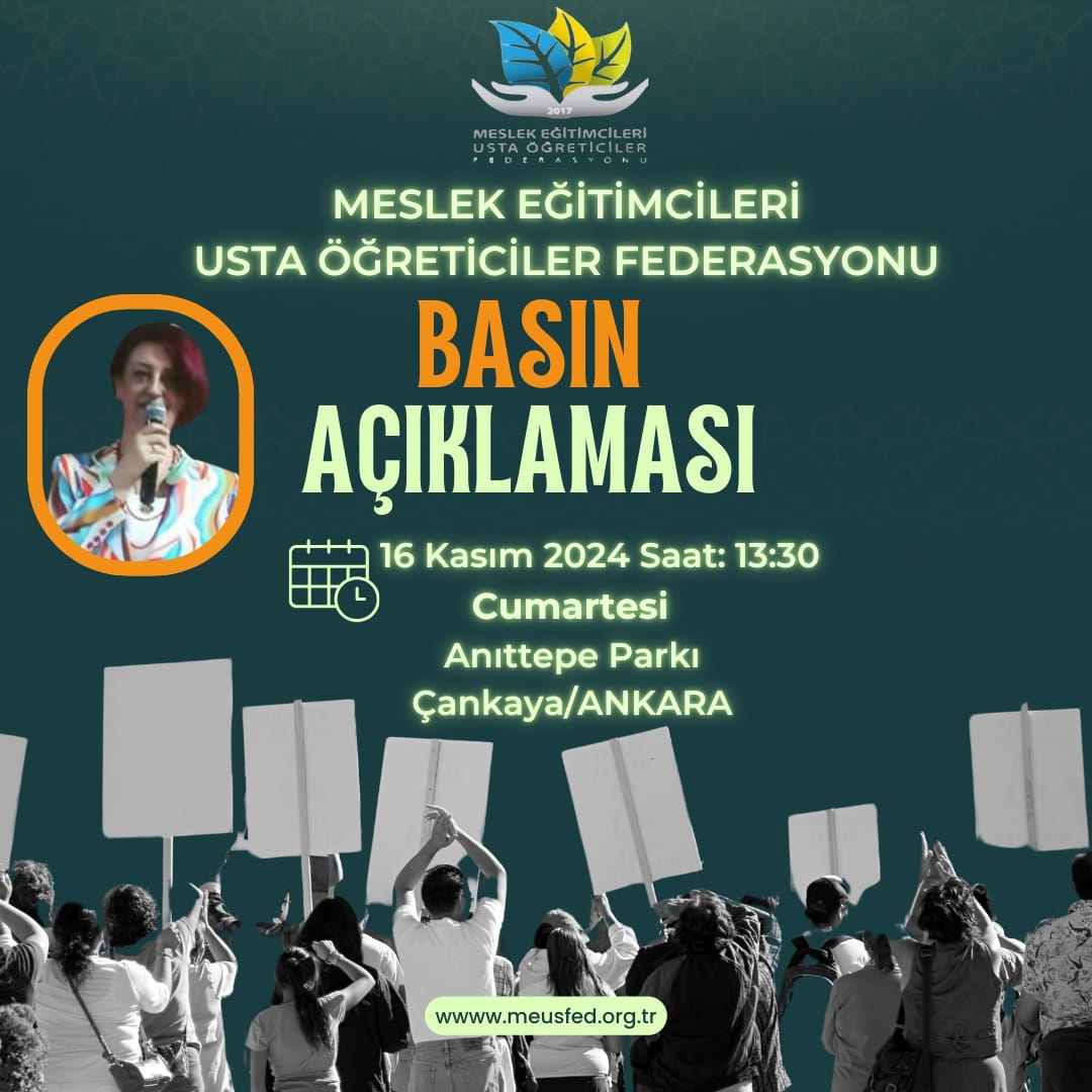 #UstaöğreticilerSusmayacak
Kıymetli Meslektaşlarım
Yaşadığımız sıkıntılar herkesin malumu 81 ilin katılımı ile düzenlediğimiz basın açıklamasına sizlerin katılımınız önem arz etmektedir. 100.bin Usta Öğretici adına verdiğimiz mücadeleye, bizimle omuz omuza destek vermeniz