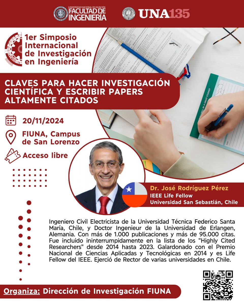 “Claves para hacer investigación científica y escribir papers altamente citados” 👌
 ¡No te pierdas la oportunidad de aprender de un referente mundial en investigación en ingeniería! Inscribite: forms.gle/wmyjnEm3X12cN8… 🔗