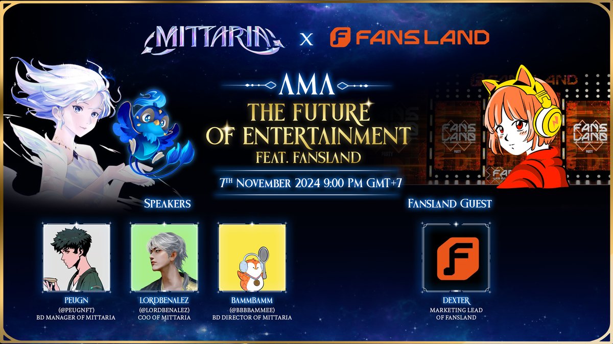 Mittaria (@mittaria_origin) on Twitter photo 🚨 AMA: The Future of Fan Engagement feat. <a href="/fansland_io/">Fansland | Web3 Music Fest @ Bangkok! 🎶🌐</a> 🎶🌐
Join us for a live AMA on November 7th, 9:00 PM GMT+7 to explore the intersection of Web3 and real-world events.
We'll discuss:
‣ How Web3 can revolutionise live events
‣ The future of fan experiences in the digital 🚨 AMA: The Future of Fan Engagement feat. <a href="/fansland_io/">Fansland | Web3 Music Fest @ Bangkok! 🎶🌐</a> 🎶🌐
Join us for a live AMA on November 7th, 9:00 PM GMT+7 to explore the intersection of Web3 and real-world events.
We'll discuss:
‣ How Web3 can revolutionise live events
‣ The future of fan experiences in the digital