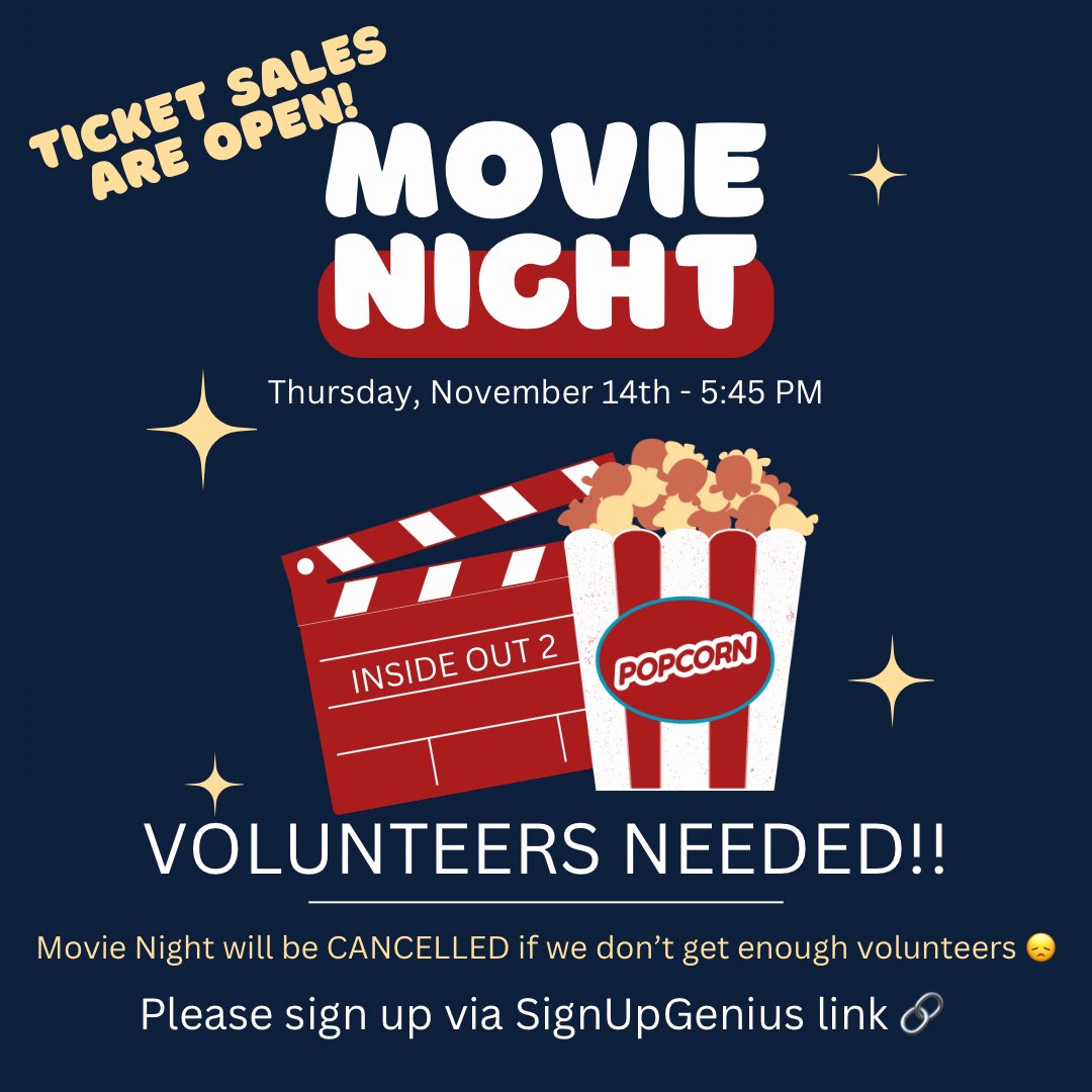 SageCreek School PAC (@sagecreekpac) on Twitter photo ⚠️ Movie Night will be Cancelled if we don’t get enough volunteers 😞
Events like Movie Night cannot take place without enough Volunteers.
please sign up at m.signupgenius.com/#!/showSignUp/…
🎟️ Tix
munchalunch.com/schools/sagecr…
🍿🎥 ThuNov14 = Inside Out 2
Doors open 5:45 pm
<a href="/SageCreekLRSD/">SageCreekLRSD</a> ⚠️ Movie Night will be Cancelled if we don’t get enough volunteers 😞
Events like Movie Night cannot take place without enough Volunteers.
please sign up at m.signupgenius.com/#!/showSignUp/…
🎟️ Tix
munchalunch.com/schools/sagecr…
🍿🎥 ThuNov14 = Inside Out 2
Doors open 5:45 pm
<a href="/SageCreekLRSD/">SageCreekLRSD</a>