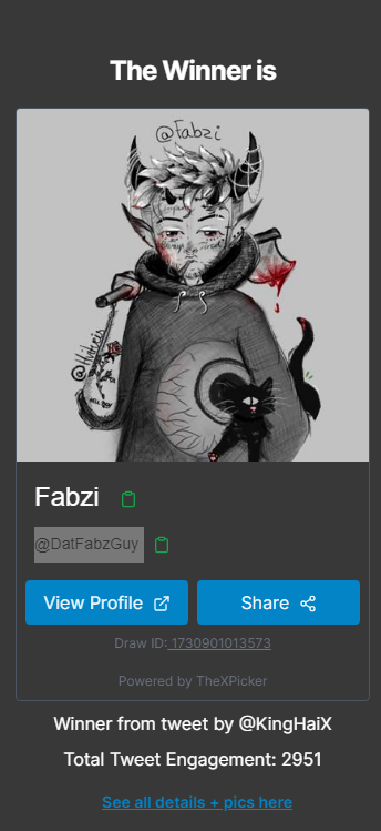 KingHaiX's tweet photo. Congrats @DatFabzGuy you won! Draw ID: 1730901013573 https://t.co/d0HirAn7sk