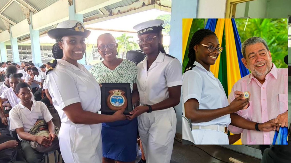 RNASCuldrose's tweet photo. Home! AB Ronique Glasgow, of RNAS Culdrose's 1700 Naval Air Squadron returned to Saint Vincent and the Grenadines to help celebrate its 45th anniversary of independence. She's pictured at her former college and meeting Prime Minister Ralph Gonsalves @1700NAS #1700NAS @RoyalNavy https://t.co/ac986Mqv23