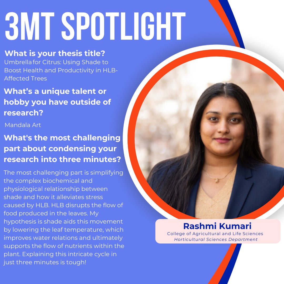 Join us in supporting Rashmi Kumari from <a href="/UFCALS/">UF/IFAS College of Agricultural and Life Sciences</a> as she prepares to present her research, Umbrella for Citrus: Using Shade to Boost Health and Productivity in HLB-Affected Trees, at this year’s 3MT competition!