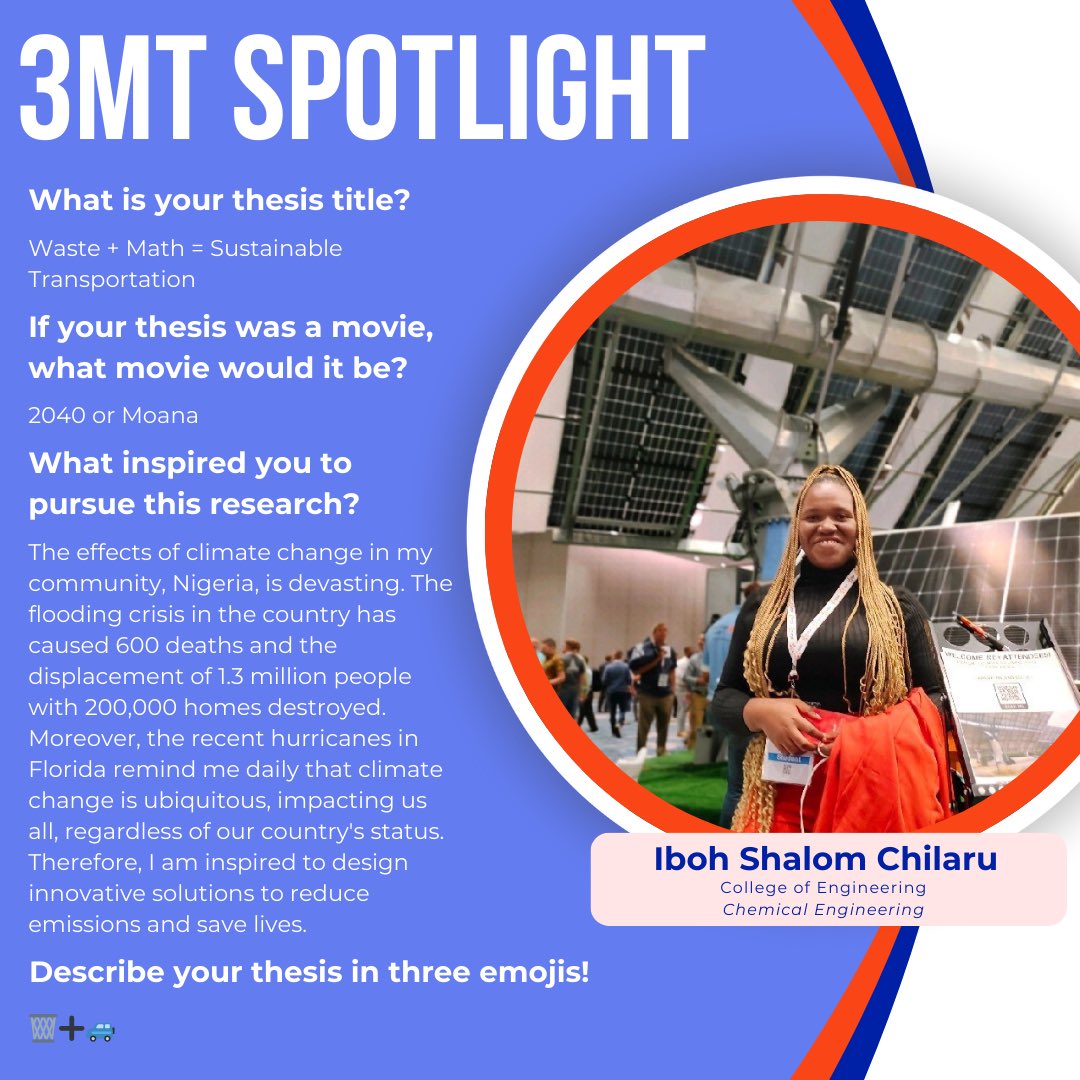 Iboh Shalom Chilaru from <a href="/UFWertheim/">UF Engineering</a> will take the stage with her thesis, Waste + Math = Sustainable Transportation. Let’s cheer her on as she shares her vision for a greener future! 🌍