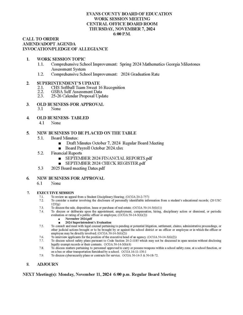 ECCSS Board Work Session
Thursday, November 7, 2024  6:00pm
District Office Board Room