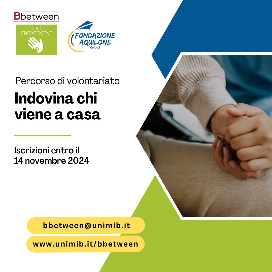 Bbetween Unimib (@bbetween_unimib) on Twitter photo Con il #volontariato si può contribuire al contrasto dell'isolamento e della solitudine degli anziani soli e fragili. È l'obiettivo di questo percorso, proposto in collaborazione con Fondazione Aquilone e aperto agli studenti e al personale <a href="/unimib/">Università degli Studi di Milano-Bicocca</a>.
Info: unimib.it/eventi/indovin… Con il #volontariato si può contribuire al contrasto dell'isolamento e della solitudine degli anziani soli e fragili. È l'obiettivo di questo percorso, proposto in collaborazione con Fondazione Aquilone e aperto agli studenti e al personale <a href="/unimib/">Università degli Studi di Milano-Bicocca</a>.
Info: unimib.it/eventi/indovin…