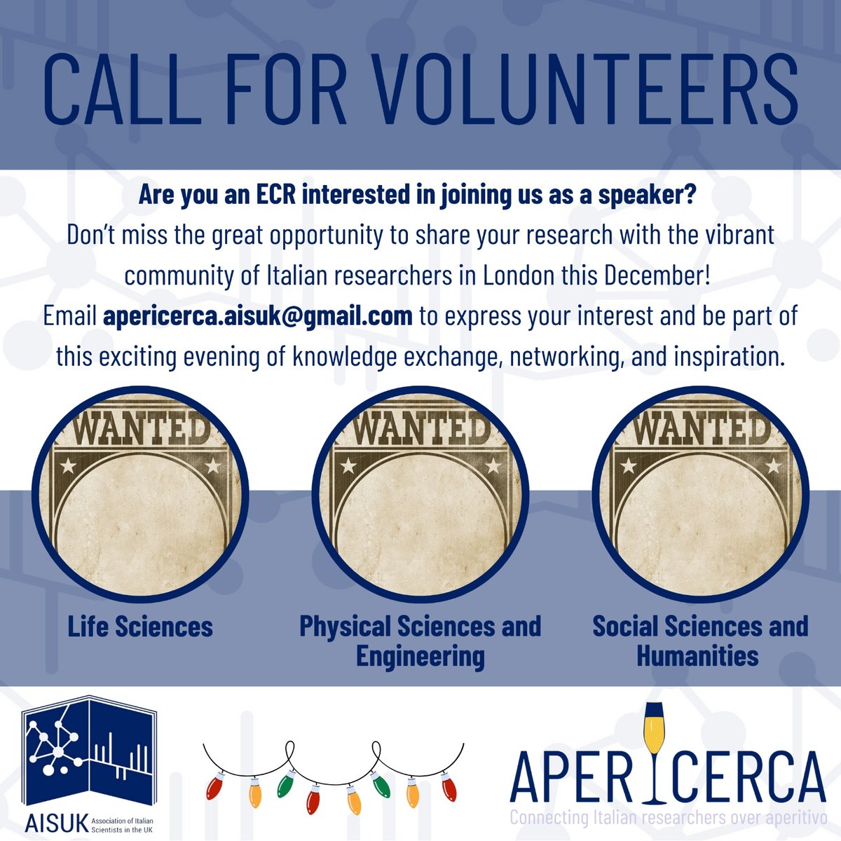 🚨 Calling all early career researchers! 🚨
We’re looking for volunteers to give short talks in the informal context of our next #APERicerca event on Dec 2nd. Apply now to showcase your research and network in front of a delicious Italian aperitivo! 🍷