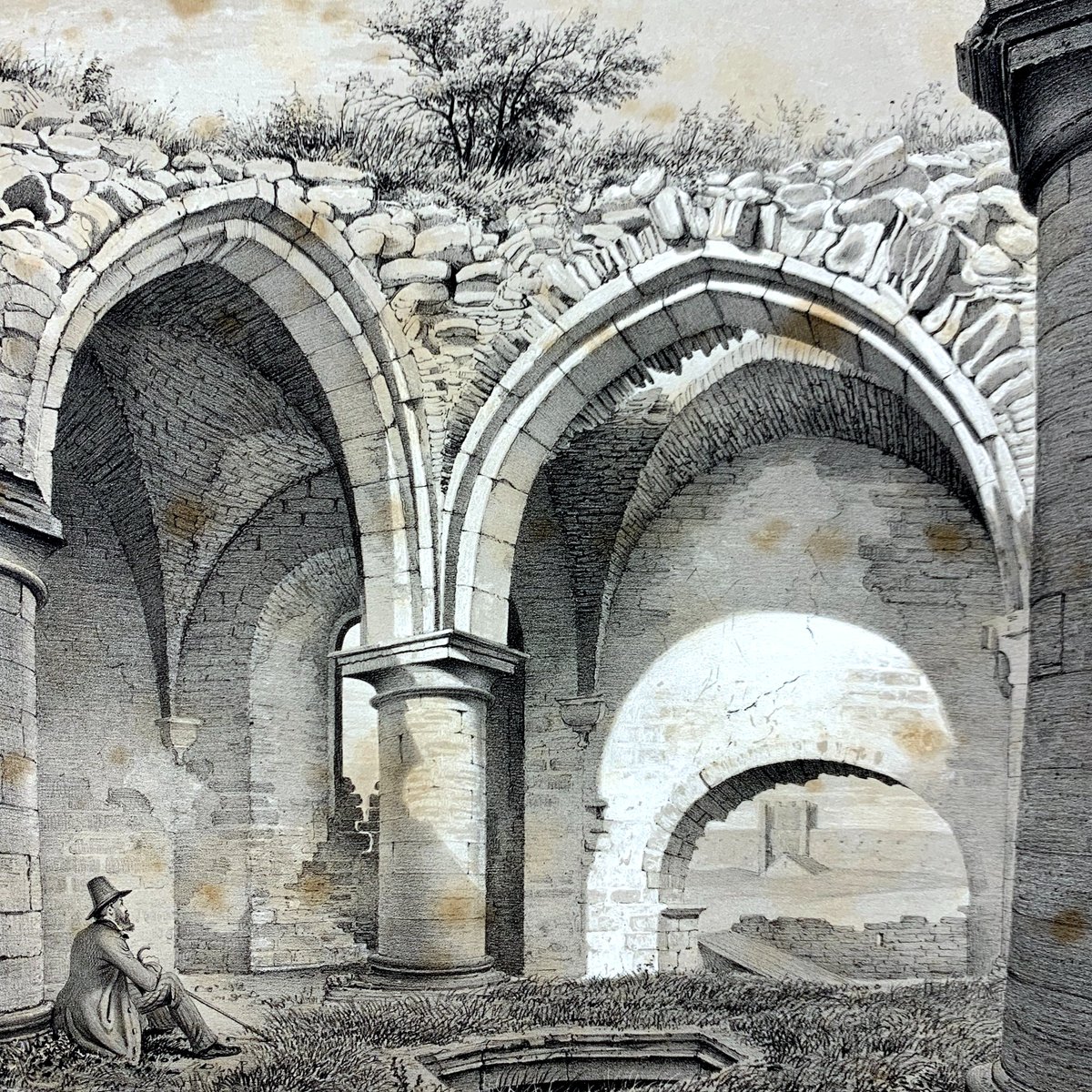 Contemplation among the ruins of the church of the Holy Spirit in Visby, Gotland. Lithography from the workshop of Isac Wilhelm Tegner (1815–1893) and Johan Adolph Kittendorff (1820–1902).