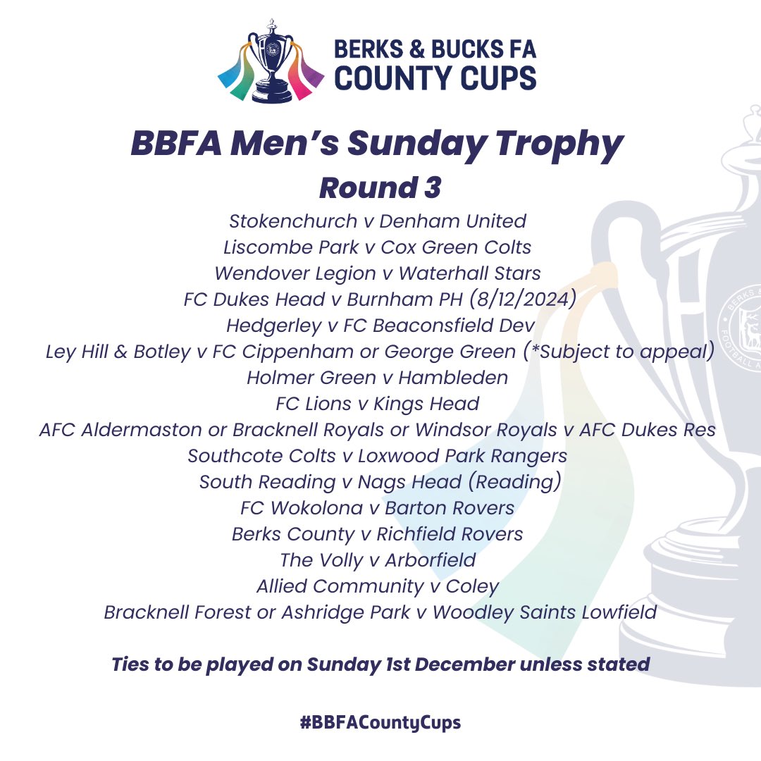 Berks & Bucks FA (@berksandbucksfa) on Twitter photo The draw for the <a href="/BerksandBucksFA/">Berks & Bucks FA</a> Men’s Sunday Trophy 3rd round has been completed today. Ties to take place on Sunday 1st December. 🏆 ⚽️ The draw for the <a href="/BerksandBucksFA/">Berks & Bucks FA</a> Men’s Sunday Trophy 3rd round has been completed today. Ties to take place on Sunday 1st December. 🏆 ⚽️