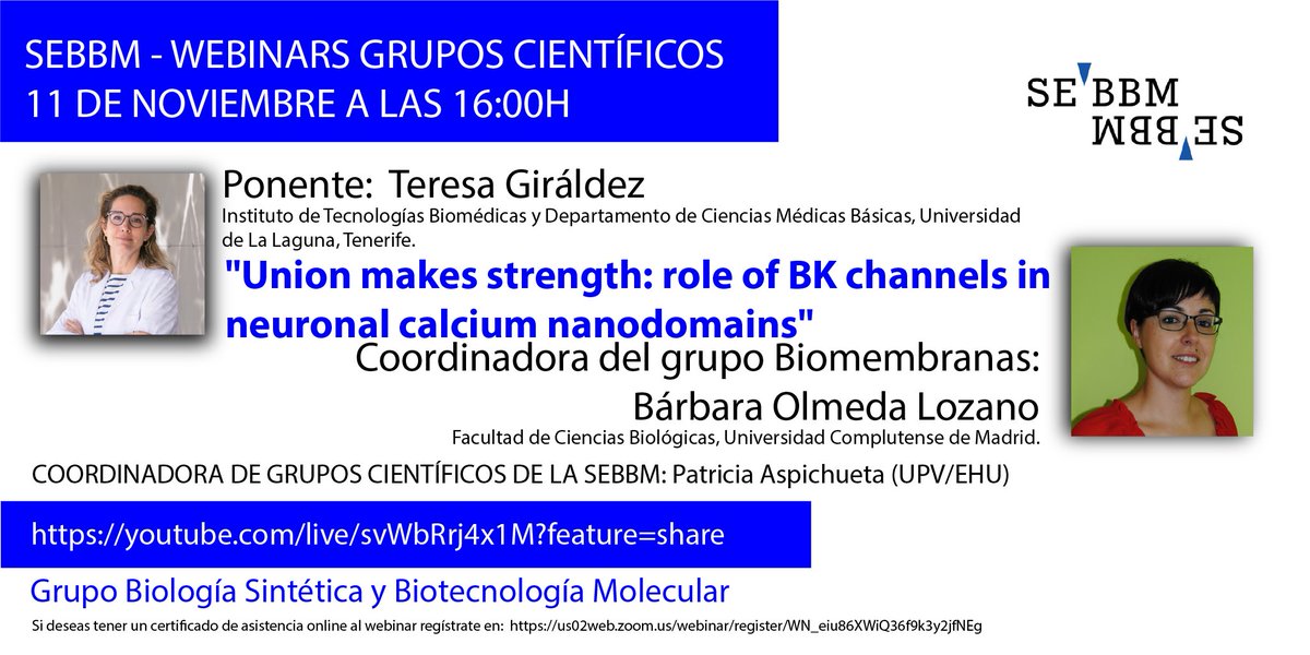 SEBBM (@sebbm_es) on Twitter photo 🗓️El próximo 11 de noviembre "Webinar del grupo Biomembranas" coordinado por Bárbara Olmeda y Patricia Aspichueta #gruposcientíficossebbm
🗣️Teresa Giráldez, <a href="/giraldezT/">Teresa Giraldez</a>
✍️ i.mtrbio.com/cpjiheqjzu
▶️ Síguelo en directo: i.mtrbio.com/bmpqkadbrl 🗓️El próximo 11 de noviembre "Webinar del grupo Biomembranas" coordinado por Bárbara Olmeda y Patricia Aspichueta #gruposcientíficossebbm
🗣️Teresa Giráldez, <a href="/giraldezT/">Teresa Giraldez</a>
✍️ i.mtrbio.com/cpjiheqjzu
▶️ Síguelo en directo: i.mtrbio.com/bmpqkadbrl