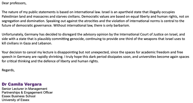 Camila Vergara (@camila_vergara) on Twitter photo My public lecture at the Institute of Political Science <a href="/TUDarmstadt/">TU Darmstadt</a> has been CANCELED due to my statements against apartheid in Israel and genocide in Gaza. Here I share the email I received and my response to faculty.
There is no academic freedom in Germany.
👇 My public lecture at the Institute of Political Science <a href="/TUDarmstadt/">TU Darmstadt</a> has been CANCELED due to my statements against apartheid in Israel and genocide in Gaza. Here I share the email I received and my response to faculty.
There is no academic freedom in Germany.
👇