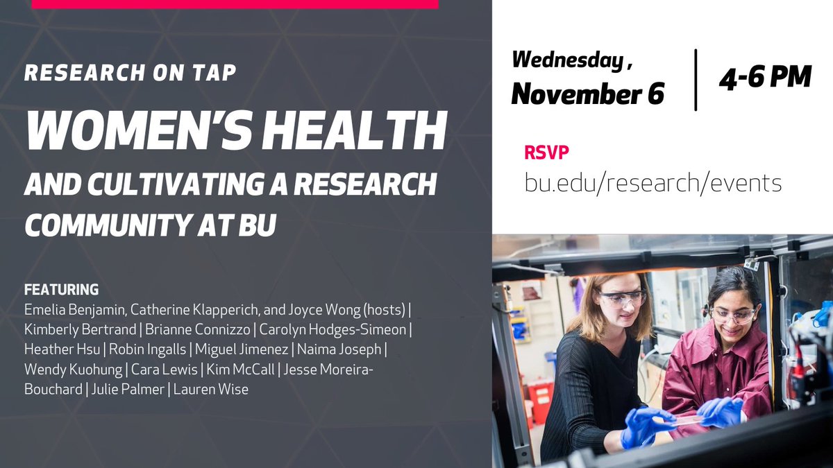 Office of Research, Boston University (@bostonuresearch) on Twitter photo Women's health matters, today and every day. Join us this afternoon as <a href="/BU_Tweets/">Boston University</a> profs <a href="/EmeliaBenjamin/">Emelia J. Benjamin</a>, Catherine Klapperich & <a href="/profjoycewong/">Joyce Wong</a> convene researchers to become a part of a growing community bringing women's health research to the fore.
RSVP: bu.edu/research/2024/… Women's health matters, today and every day. Join us this afternoon as <a href="/BU_Tweets/">Boston University</a> profs <a href="/EmeliaBenjamin/">Emelia J. Benjamin</a>, Catherine Klapperich & <a href="/profjoycewong/">Joyce Wong</a> convene researchers to become a part of a growing community bringing women's health research to the fore.
RSVP: bu.edu/research/2024/…