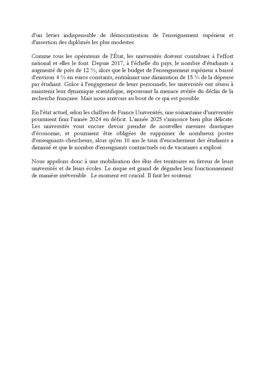 <a href="/Clement_URCA/">Christophe Clément</a> et plus de 80 présidents et directeurs d'établissements publics d'enseignement supérieur alertent sur la situation financière des universités et appellent les parlementaires à soutenir la formation, la recherche et l'innovation.