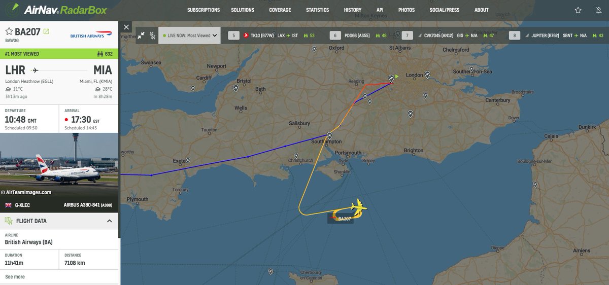 airlivenet's tweet photo. LIVE Almost 3 hours that the Airbus A380 is burning fuel over the English Channel #BA207 https://t.co/x3IZqM5C6E https://t.co/s6NbGnbEy3