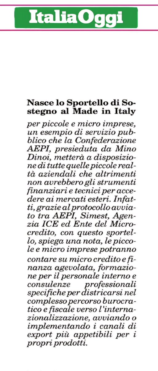 📣 AEPI lancia il Support Desk per le PMI, guidato da Mino Dinoi e in partnership con Simest e ICE, per aprire le porte ai mercati internazionali. Scopri di più su Italia Oggi! 🌐 #AEPI #PMI #InnovazioneItaliana #CommercioGlobale