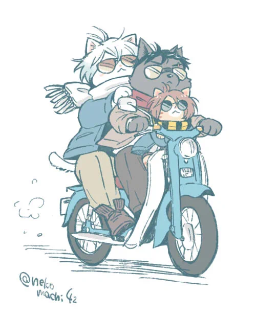 3匹でツーリングバイクは早々にちゃんと描くのを諦めている 