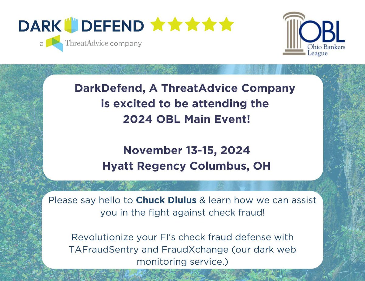 Excited for the <a href="/OhioBankers/">Ohio Bankers League</a> Main Event next week! 🏦 

ThreatAdvice will be in Columbus, OH next week from Nov 13-15. Join our very own Chuck Diulus - he will be showcasing ThreatAdvice's cutting-edge fraud prevention solutions.

hubs.li/Q02Q3Svm0 #OBLMainEvent2024