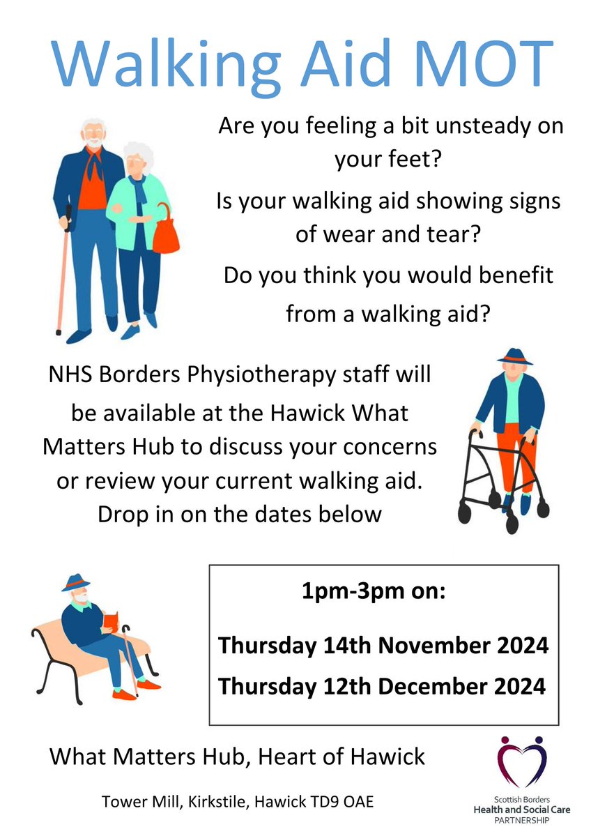 Do you think you would benefit from a walking aid? Is your current walking aid showing signs of wear and tear? 

Our Physiotherapy Team will be at #Hawick What Matters Hub so you can discuss your concerns or get your current walking aid reviewed. 

👉  scotborders.gov.uk/whatmattershubs