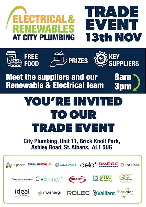 We're delighted to join City Plumbing St Albans  for their Electrical &amp; Renewables trade event next week. Pop into branch next Wednesday and ask us about the new Aerona 290 heat pumps!