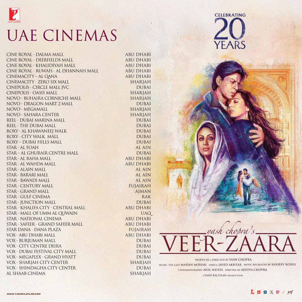 20YearsOfVZ's tweet photo. 20 years later, Veer-Zaara returns to theaters! Starting tomorrow, November 7, enjoy this timeless classic in international cinemas, including the special track 'Yeh Hum Aa Gaye Hain Kahaan.'

#20yearsofveerzaara  #yrfinternational #veerzaara https://t.co/nZBNSATMuu