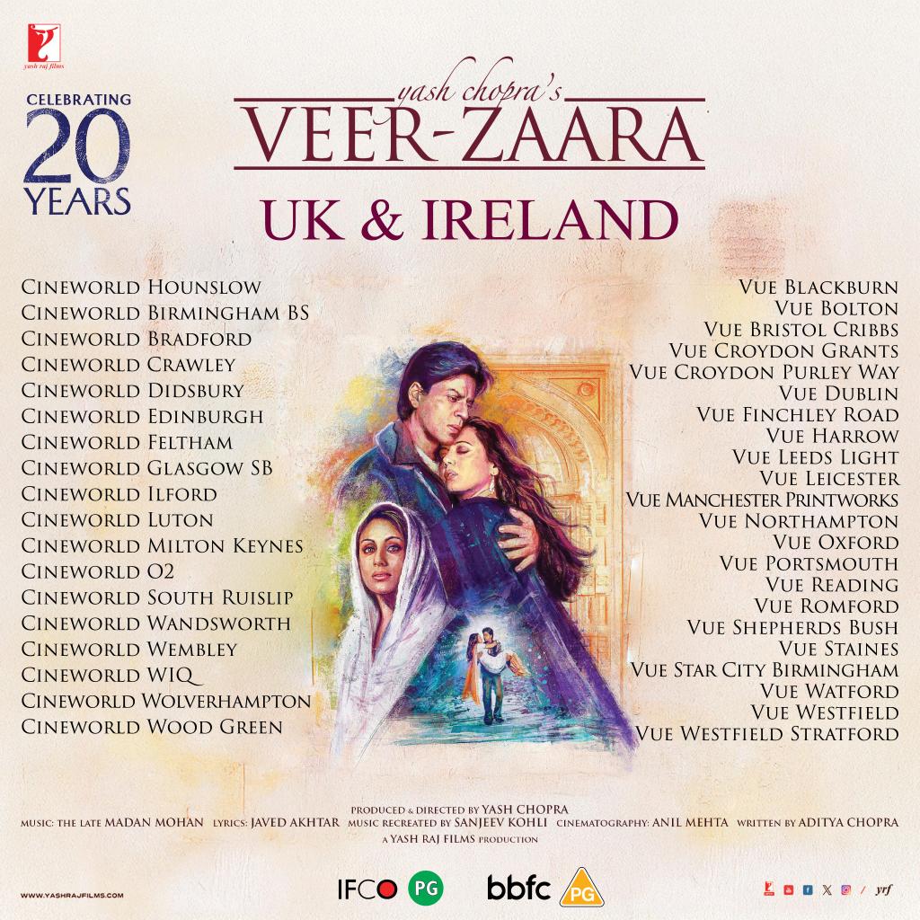 20YearsOfVZ's tweet photo. 20 years later, Veer-Zaara returns to theaters! Starting tomorrow, November 7, enjoy this timeless classic in international cinemas, including the special track 'Yeh Hum Aa Gaye Hain Kahaan.'

#20yearsofveerzaara  #yrfinternational #veerzaara https://t.co/nZBNSATMuu