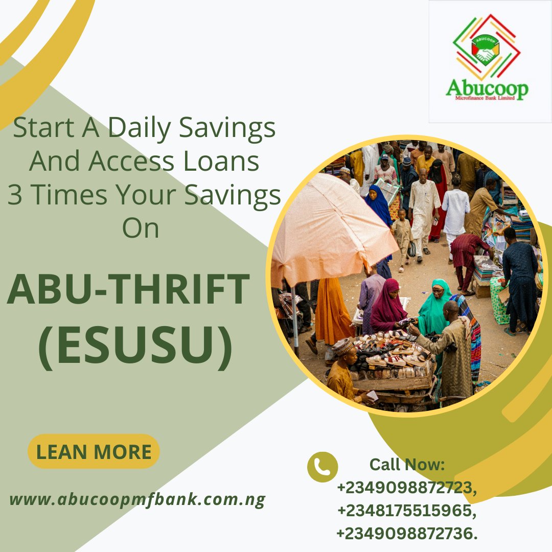 LtdMfb's tweet photo. ABU-Thrift (Esusu)
This is a savings and loan product for Artisans and petty traders that are economically active. #ABUTHRIFT #Finances #fintech #loan #thrift #Savings #esusu https://t.co/r7nPxwoS5b