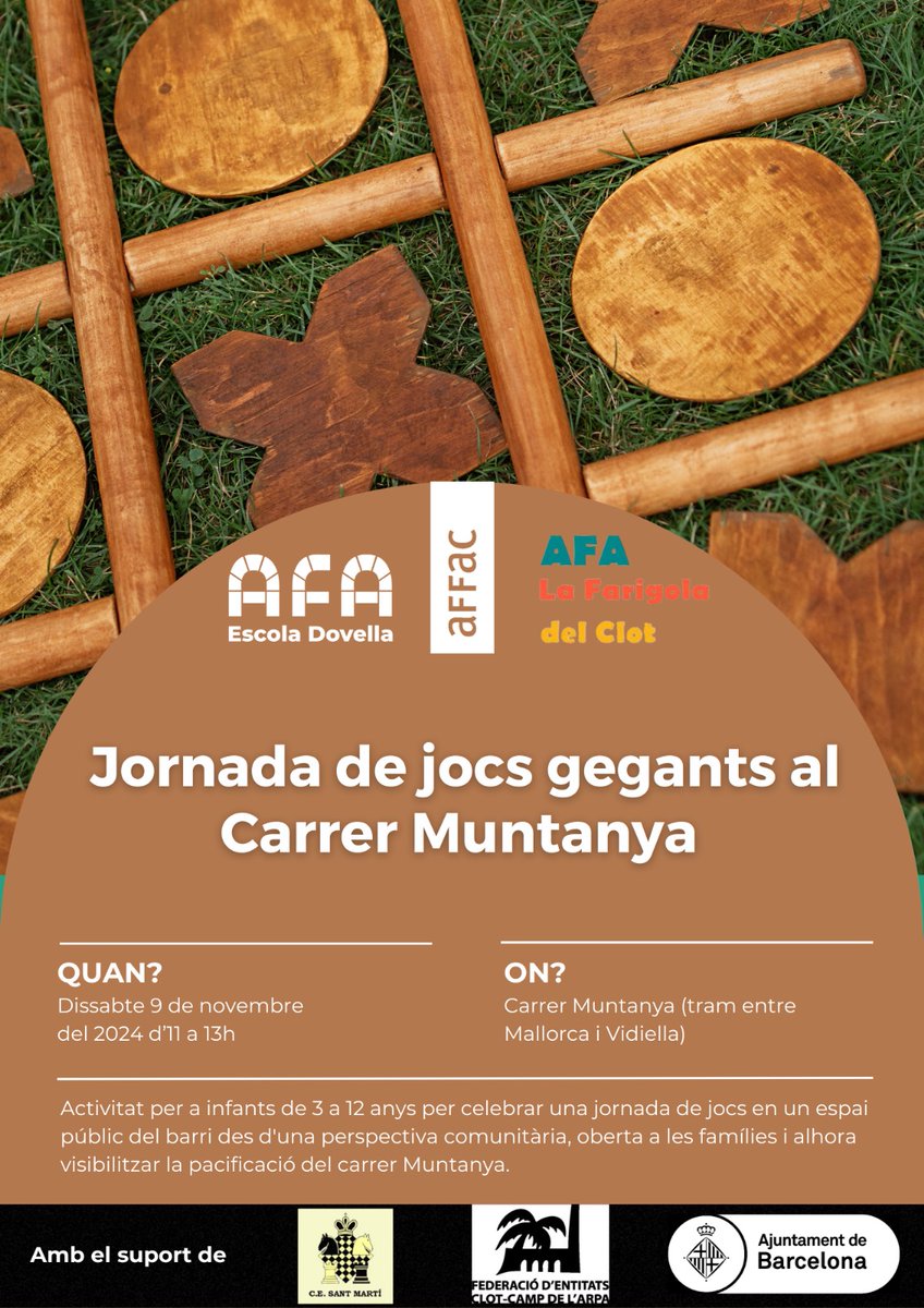 Famílies, apunteu-vos això a l’agenda! 🤩👇

L'<a href="/afafarigolaclot/">AFA Farigola Clot</a> i l'<a href="/afadovella/">AFA Escola Dovella</a> conjuntament amb l'<a href="/affac_cat/">aFFaC</a> organitzem una jornada comunitària de jocs gegants.

📍Carrer Muntanya (entre Mallorca i Vidiella)
🗓️Dissabte, 9 novembre, d'11 h a 13 h

Us hi esperem!