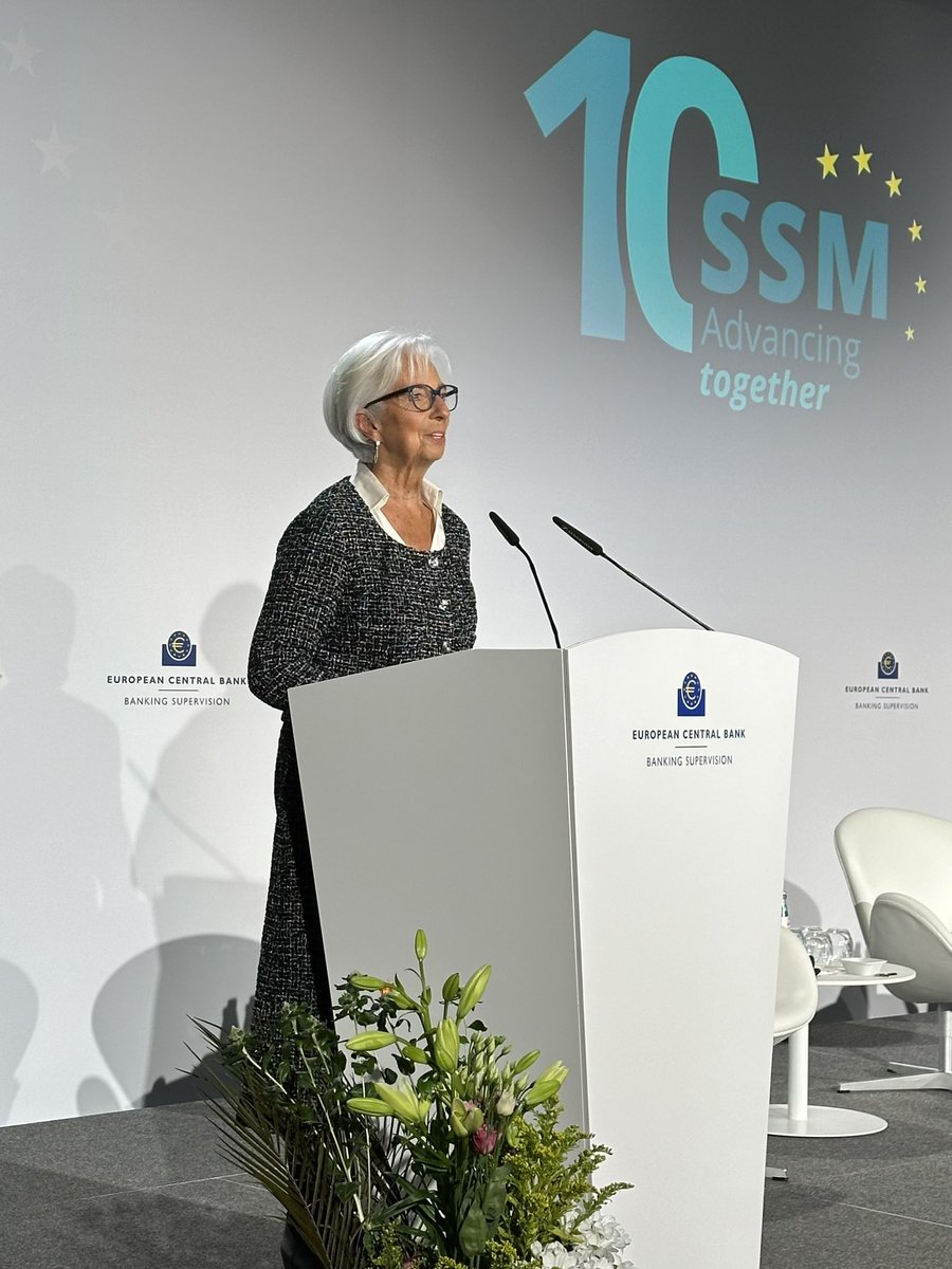 Lagarde's tweet photo. Today, we celebrate the efforts of those who contributed to European banking supervision over the past decade.

We’ve come a long way, and as we look ahead, we need to harness the same determination and energy so banks stay in good shape.

My speech 👉 https://t.co/tEzaDoEVbs https://t.co/vfBctxfYiz