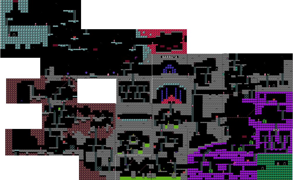 sovietblobfish's tweet photo. my barbuta (1982) adventures continue, 

i have now seen 42/64 screens of the game (i've actually seen one more on the left, but i was falling across the whole screen so my screenshot couldn't go off in time) 

its qutie a neat little puzzle of a map https://t.co/Ky3z9gasEa