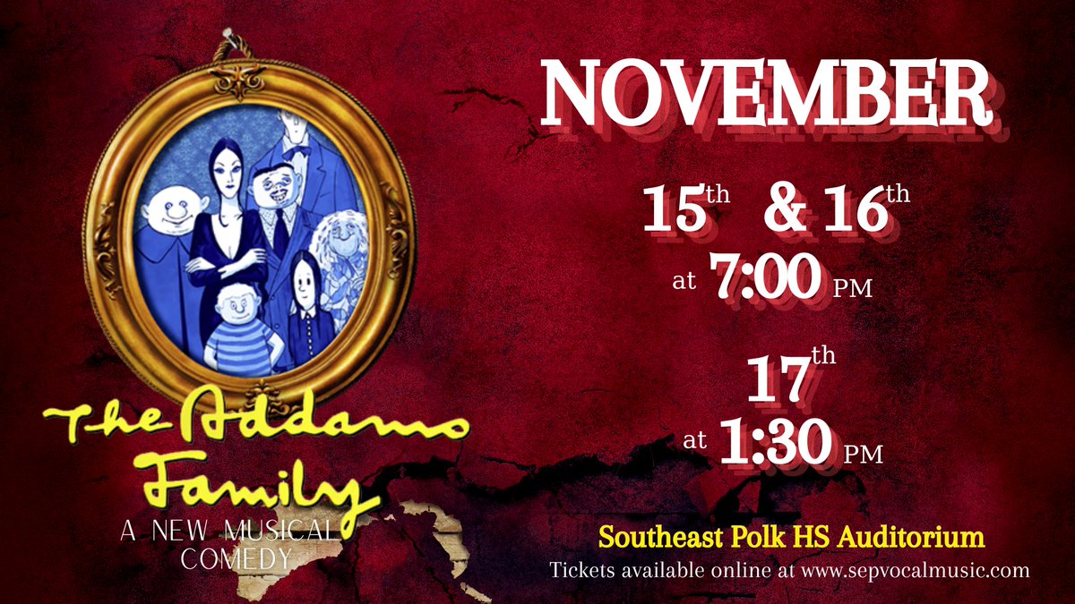 Get your tix for The Addams Family - a New Musical Comedy now! 
Presented by our award-winning #1SEP High School Vocal Music dept. 

Nov. 15-17 
tix at sepvocalmusic.com.

Friday night's performance includes an SEP Musical Alumni Reunion. Don't miss it!